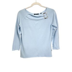 BCBGMaxazria Women Sz S Light Blue Sleeve Buckle Accent Boat Neck Blouse Stretch